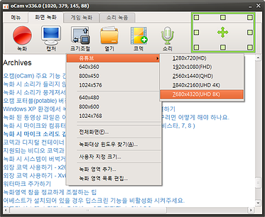 ocam 크기조절메뉴