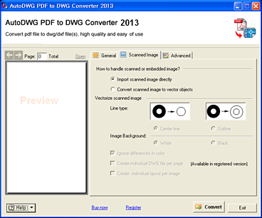 PDFIn PDF to DWG Converter 스캔 이미지 설정